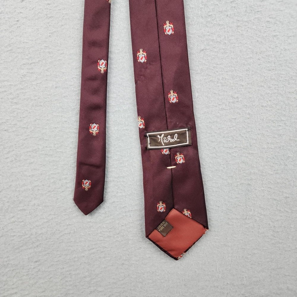 Michel Tie Mens One Size Red Crest Shield 100% Silk Skinny Classic Necktie